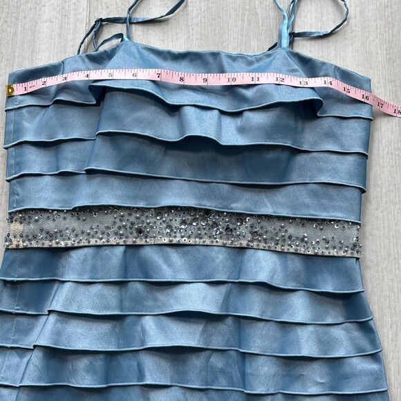 Adrianna Papell Blue Tiered Satin Dress & Jacket Set Beaded Waist Size 10 - Picture 12 of 17